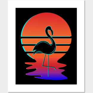 Wading Flamingo Silhouette in front of Retro Glitch Sunset Posters and Art